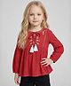 Creative Kids Viscose Rayon Woven Full Sleeves Floral Embroidered Tie Up Detailed  Top - Red