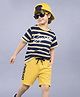 Plum Tree 100% Cotton Knit Half Sleeves Striped Tee & Shorts Set - Navy & Yellow