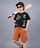 Plum Tree 100% Cotton Knit Half Sleeves Best Ever Text Printed Tee & Cargo Shorts Set  - Black & Brown