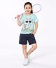 Plum Tree 100% Cotton Knit Half Sleeves Cool Dream Text Printed Tee & Cargo Shorts Set - Aqua & Navy Blue