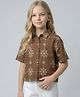 Creative Kids Cotton Woven Half Sleeves Floral Embroidered Shirt - Brown