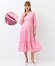 Bella Mama Woven Three Forth Sleeves Striped & Tiered Maternity Dress - Pink