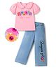 Ollington St.Cotton Sinker Knit Half Sleeves Top With Floral Print & Stretchable Denim Culottes - Pink & Indigo