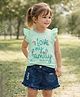 Nottie Planet Cotton Knit Frill Sleeves Floral & I Love My Family Text Printed Top & Shorts Set - Green