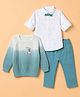 ToffyHouse Knitted Full Sleeves Party Suit With Bow & Teddy Bear Patch - Teal Blue