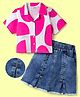 OLLINGTON ST. Set of Cotton Knit Printed Half Sleeves Top  & Denim Skirt Set - Multicolour Blue & Pink