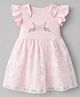 Babyoye Interlock Knit Half Frill Sleeves Floral & Butterfly Embroidered Party Dress- Pink
