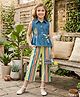 Lei-Chie Denim Woven Sleeveless Feather Patch & Bow Applique Detailed Top & Striped Trousers - Yellow