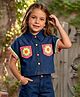 Lei-Chie Denim Woven Half Sleeves Floral Design Crochet Pocket Detailed Top - Blue