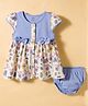 CUCUMBER Sinker Knit Half Sleeves Bunny & Floral Printed Frock With Bloomer & Bow Applique  - Blue