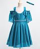 Enfance Net Woven Sleeveless Glittered Pleated Ruched Detail Flared Party Dress With Head Band - Teal Blue