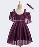 Enfance Net Woven Sleeveless Glittered Pleated Ruched Detail Flared Dress With Headband - Wine