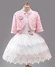Enfance Net Woven Sleeveless Layered Party Dress With Golden Star Full Sleeves Fur Shrug With Corsage -Pink