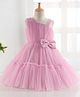 Enfance Net Woven Sleeveless Ruffled Yoke Mesh Tiered Party Dress With Bow Applique- Pink