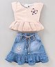 Enfance Woven Cap Sleeves Striped Top with Heart Embroidery & Bunny Patch Denim Layered Skirt Set - Blue