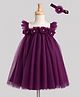 Enfance Net Woven Sleeveless Solid Party Dress With Floral Applique & Headband - Wine