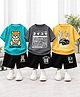 Googo Gaaga Cotton Knit Pack Of 3 Half Sleeves Teddy Japanese Text & Car Printed Tees & Shorts Set - Blue Grey & Yellow