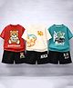 Googo Gaaga Cotton Knit Pack Of 3 Half Sleeves Teddy Animal & Car Printed Tees & Shorts Set - Red White & Blue