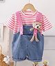 POP STREET KIDS Cotton Knit Teddy Bear Applique Detailed Dungaree With Half Sleeves Striped Tee - Pink