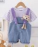 POP STREET KIDS Cotton Knit Teddy Bear Applique Detailed Dungaree With Half Sleeves Striped Tee - Purple
