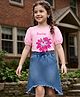 Ollington St. Cotton Sinker Knit Half Puffed Sleeves Floral Printed Top & Denim Skirt - Pink & Blue