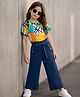OLLINGTON ST. Cotton Knit Abstract Printed Half Sleeves Top & Culottes Set with Belt - White & Navy