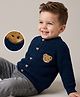 Babyoye Cotton Knit Full Sleeves  Front Open Sweater With Bear Patch & Cable Knit Design - Navy Blue