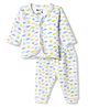Bodycare Cotton Knit Full Sleeves Front Open Co-Ords Thermal Set with Fish Print - Off White