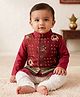 Kinder Kids Cotton Woven Full Sleeves Solid Kurta Pyjama Set With Patola Printed Jacket - Red