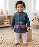 Kinder Kids Cotton Woven Full Sleeves Solid Kurta Pyjama Set With Patola Printed Jacket - Blue