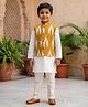 Kinder Kids Cotton Woven Full Sleeves Solid Kurta Pyjama Set With Ikat Printed Jacket - White & Yellow