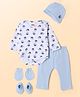 Babyhug 100% Cotton Interlock Knit Full Sleeves Onesies with Leggings & Cap, Mittens and Booties With Boat & Penguin Print - Light Blue