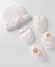 Bonfino 100% Cotton Knit Cap, Mitten & Booties Set With Heart Print & Bow Applique White - Diameter 11 cm