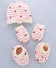 Babyoye 100% Cotton Interlock Knit With Eco Jiva Finish Striped Cap, Mitten & Booties Set With Heart Print & Bow Applique - White