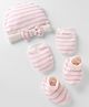 Bonfino 100% Cotton Knit Striped Cap, Mitten & Booties Set With Bow Applique White - Diameter 10.5 cm