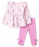 Babyoye 100% Cotton Knit With Eco Jiva Finish Full Sleeves Floral & Bear Printed Top & Leggings Set With Bow Applique - Pink