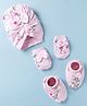 Babyoye 100% Cotton Knit With Eco Jiva Finish Bear Printed Cap Mittens & Booties Set With Bow Applique Pink - Diameter 16 cm