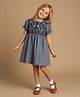 Cherry Crumble By Nitt Hyman Cotton Woven Half Puffed Sleeves Floral Embroidered Dress - Grey