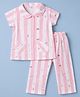 Teddy Sinker Knit Half Sleeves Striped Co-Ords Shirt & Pajama Night Suit with Bear Print - Pink