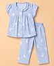 Teddy Sinker Knit Half Sleeves Top & Pyjama Co-ords Night Suit With Rabbit Print - Blue