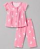 Teddy Sinker Knit Half Sleeves Top & Pyjama Co-ords Night Suit With Rabbit Print - Pink