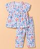 Teddy Sinker Knit Half Sleeves Top & Pyjama Night Suit with Floral & Bear Print - Blue