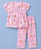 Teddy Sinker Knit Half Sleeves Top & Pyjama Night Suit with Floral & Bear Print - Pink