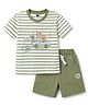 Teddy Interlock Knit Half Sleeves T-Shirt & Shorts Set With Strips & Animal Print - Green