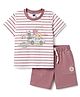 Teddy Interlock Knit Half Sleeves T-Shirt & Shorts Set With Stripe & Animal Print - Pink