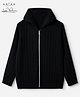 Arias Knit Front Open Sweater with Full Sleeves and Cable Knit Design - Black