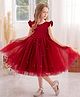 The Kids Club Cotton Blend Knit Frill Sleeves Pearls Embellished Bow Applique Detailed Dress - Red