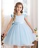 The Kids Club Cotton Blend Knit Frill Sleeves Pearls Embellished Bow Applique Detailed Dress - Blue