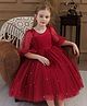 The Kids Club Cotton Blend Woven Three Fourth Puffed Sleeves Pearls Embellished Bow Applique Detailed Dress - Red