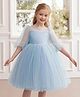 The Kids Club Cotton Blend Woven Three Fourth Puffed Sleeves Pearls Embellished Bow Applique Detailed Dress - Blue